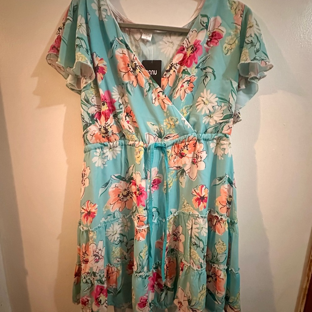 Floral Wrap Dress in Blue and Pink NWT